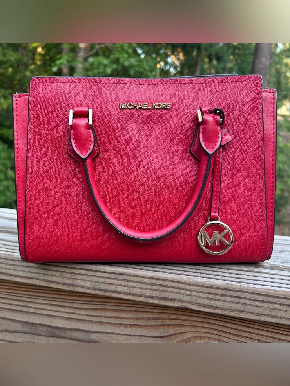 Michael Kors Flame Red Saffiano Leather Medium Hope Satchel with Gold Hardware